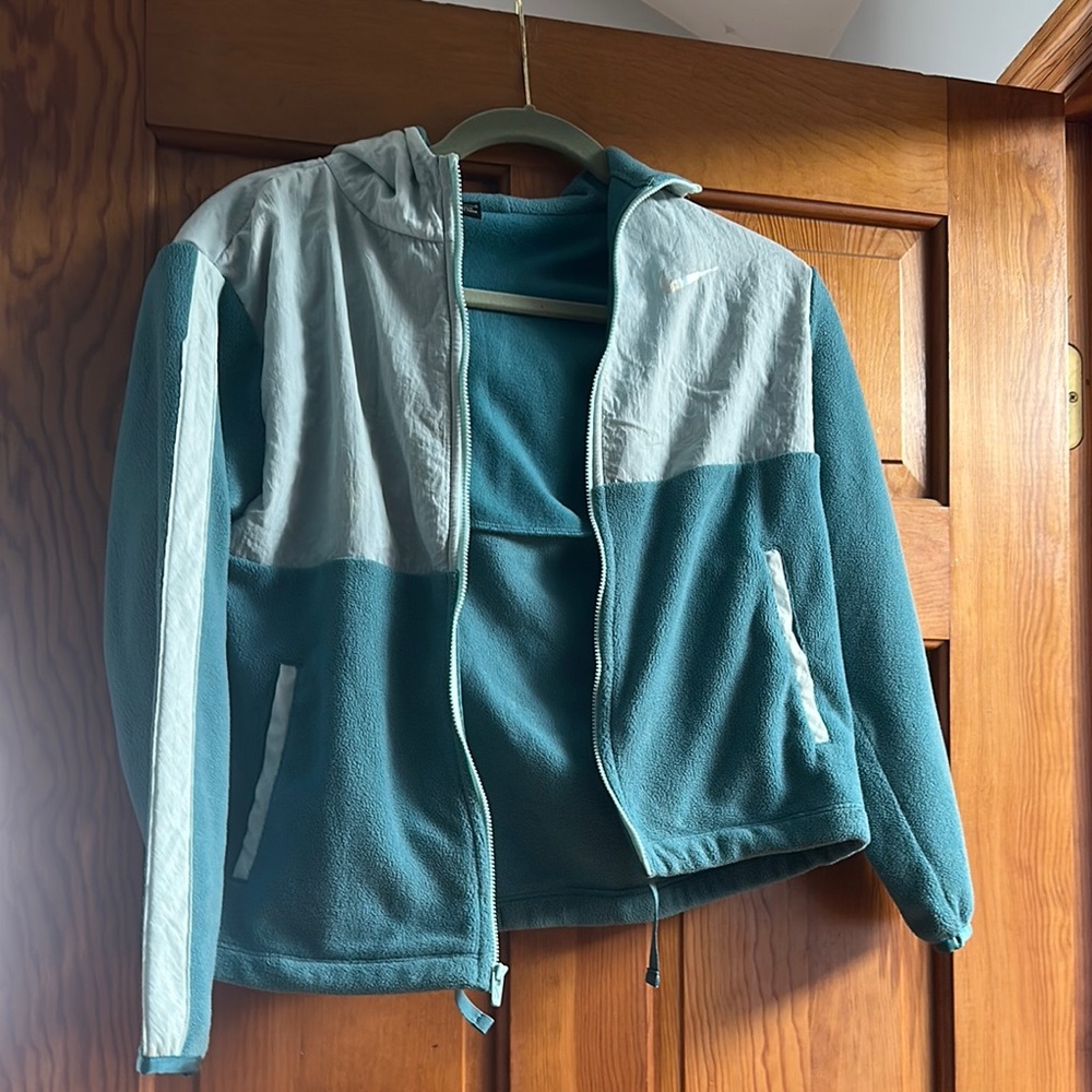 Teal and White Zip-Up Fleece Jacket